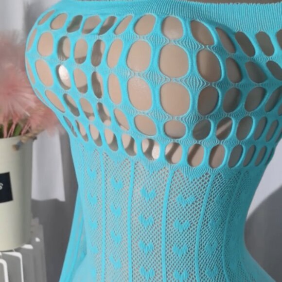 Light Blue Heart Pattern Fishnet Crop Bodycon Dress Cover Up - Picture 4 of 7